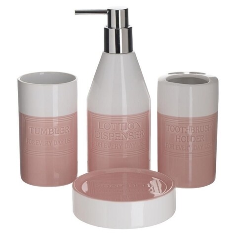 Set de baie din ceramica, InArt, 4 piese, alb/roz