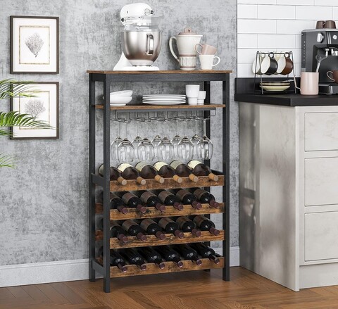 Dulap pentru sticle de vin Songmics, 24 sticle, 66 x 30 x 100 cm, MDF/bambus/otel, maro rustic