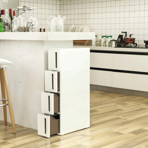 Dulap ingust cu roti / carucior depozitare Songmics, 45 x 17 x 84 cm, 4 sertare, plastic, alb/maro