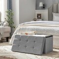 Bancheta cu spatiu pentru depozitare Ottoman Classic, Songmics, 76 x 38 x 38 cm, pliabila, imitatie in/MDF, gri deschis