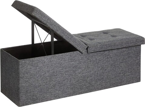 Bancheta cu spatiu pentru depozitare Ottoman Classic, Songmics, 110 x 38 x 38 cm, pliabila, imitatie in/MDF/fier, gri deschis