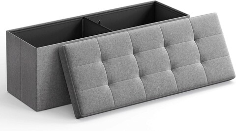 Bancheta cu spatiu pentru depozitare Ottoman Classic, Vasagle, 110 x 38 x 38 cm, pliabila, imitatie in/MDF, gri deschis