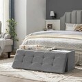Bancheta cu spatiu pentru depozitare Ottoman Classic, Songmics, 110 x 38 x 38 cm, pliabila, imitatie in/MDF, gri deschis