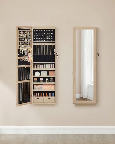 Cabinet pentru bijuterii cu oglinda si fixare usa/perete Songmics, 36.7 x 10 x 120 cm, PAL, maro