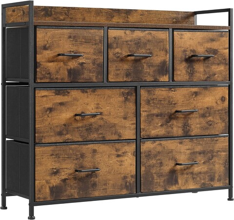 Comoda cu 7 sertare textile, Songmics, 98 x 28.5 x 85 cm, otel/poliester/tesatura Oxford, maro rustic
