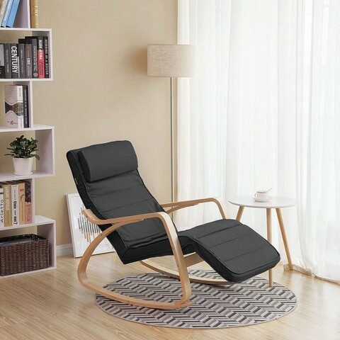 Scaun balansoar reglabil in 5 pozitii, Songmics, 67x115x91 cm, max 150 kg, lemn de mesteacan/bumbac, gri/natural