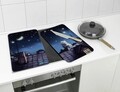 Set 2 protectii pentru aragaz Maximex, Moon Cat, 52x30 cm, sticla, multicolor