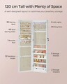 Cabinet pentru bijuterii cu LED-uri, oglinda si fixare usa/perete Songmics, 36.7 x 10 x 120 cm, MDF/catifea/sticla, alb