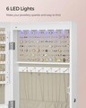 Cabinet pentru bijuterii cu LED-uri, oglinda si fixare usa/perete Songmics, 36.7 x 10 x 120 cm, MDF/catifea/sticla, alb