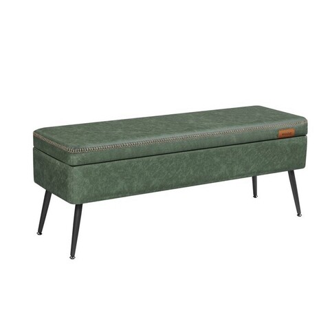 Bancheta cu spatiu de depozitare Ekho, Vasagle, max 300 kg, 120 x 40 x 45 cm, piele ecologica/otel, verde padure