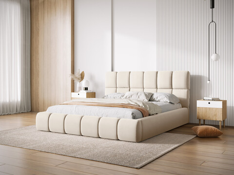 Pat tapitat cu tablie si lada depozitare, Bellis, Micadoni Home, BL, 140x200 cm, catifea, bej deschis