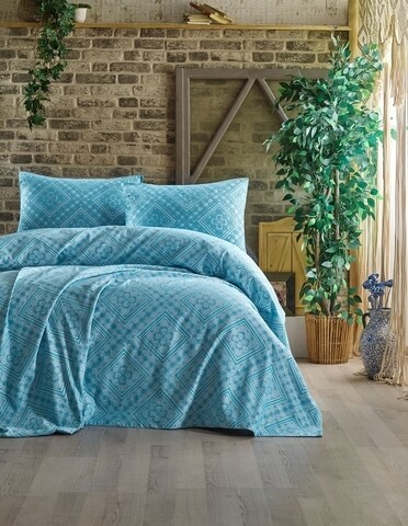 Set cuvertura de pat dubla, EnLora Home, Square - Light Blue, 3 piese, 80% bumbac, 20% vascoza, bleu