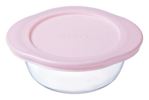 Caserola rotunda cu capac, Pyrex My First,  0.35 L, sticla temperata, roz