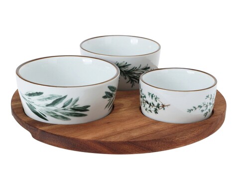 Herbs 3 snack tálból és kerek tálcából álló szett, 22 cm, kerámia/akác, színes