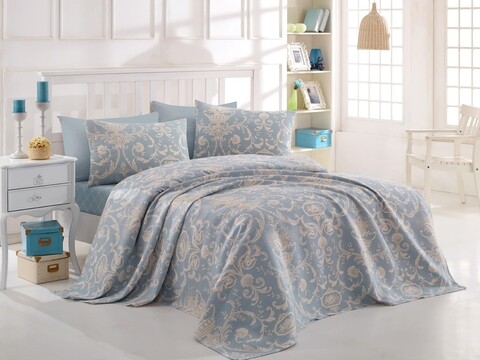 Cuvertura dubla, EnLora Home, Tuval Blue, 100% bumbac, 200x235 cm, bleu/crem