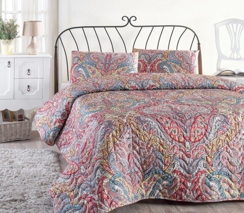 Set cuvertura de pat dubla matlasata, Eponj Home, Gemeos Green, 3 piese, 65% bumbac, 35% poliester, multicolor