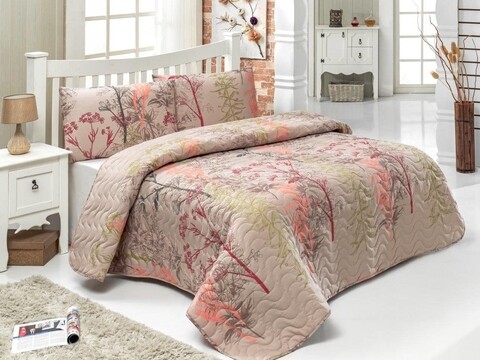 Set cuvertura de pat dubla matlasata,Eponj Home, Urla Beige, 3 piese, 65% bumbac, 5% poliester, multicolor
