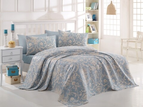 Set cuvertura de pat dubla, Eponj Home, Tuval Blue, 4 piese, 100% bumbac, bleu/crem