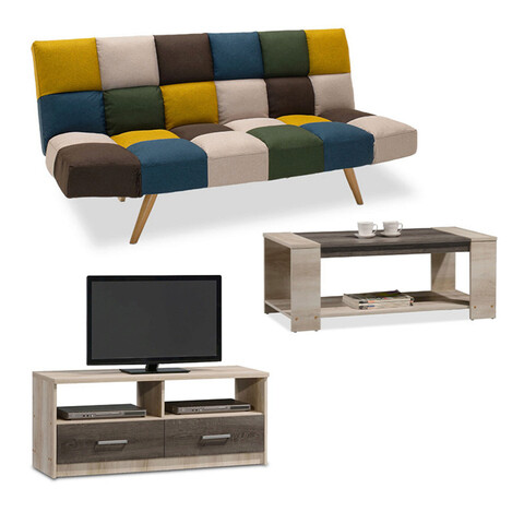 Set mobilier living 3 piese Lounge-1, Pakoworld, canapea extensibila 3 locuri / masuta / comoda TV, multicolor