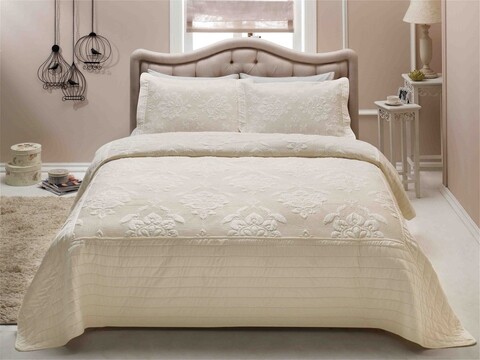 Set cuvertura de pat dubla King Size, Tac, France Ecru, 3 piese, 100% microfibra, ocru