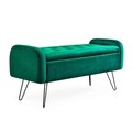 Bancheta cu spatiu pentru depozitare Venlo, Homla, 96x39x45 cm, catifea din poliester/metal/MDF, verde/negru