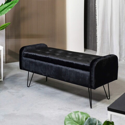 Bancheta cu spatiu pentru depozitare Venlo, Homla, 96x39x45 cm, MDF/metal/catifea din poliester, negru