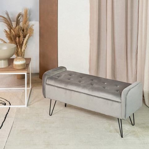 Bancheta cu spatiu pentru depozitare Venlo, Homla, 96x39x45 cm, catifea din poliester/metal, crem/negru