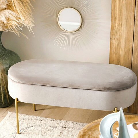 Bancheta cu spatiu pentru depozitare Layla, Homla, 91.5x41x46.5 cm, MDF/metal/catifea, bej