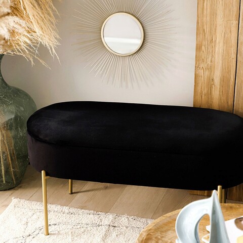Bancheta cu spatiu pentru depozitare Layla, Homla, 91.5x41x46.5 cm, MDF/metal/catifea, negru
