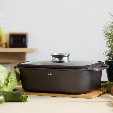 Tava cu capac Darren, Homla, 41x25.7x11 cm, 7 L, aluminiu/sticla, negru