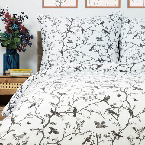 Lenjerie de pat dubla Volatile, Homla, 3 piese, 160x200 cm, microfibra din bumbac, alb/gri