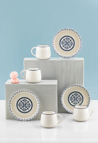 Set cesti de cafea, Hermia, 721NBL3172, Numai farfurii. Se pot spăla în mașina de spălat vase. / Se poate folosi la cuptorul cu microunde., Albastru/Alb
