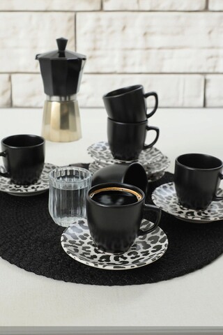 Set cesti de cafea, Keramika, 275KRM1915, Ceramica , Dimensiune ceașcă de cafea: 6 x 6 x 6 cm / 95 ml (6 bucăți), Alb/Negru