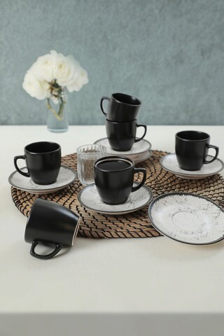 Set cesti de cafea, Keramika, 275KRM1916, Ceramica , Dimensiune ceașcă de cafea: 6 x 6 x 6 cm / 95 ml (6 bucăți), Alb/Negru