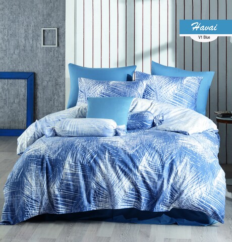Lenjerie de pat dubla Havai, Majoli Home Collection, 4 piese, 200x220 cm, 100% bumbac ranforce, albastru