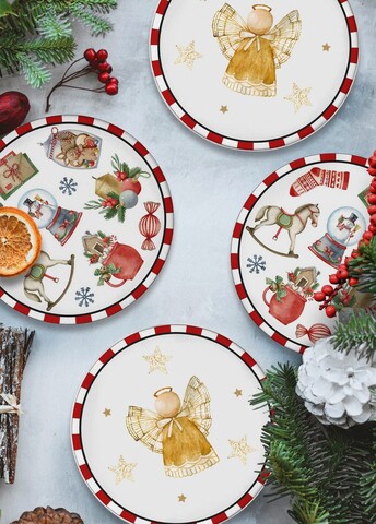 Set farfurii din ceramica pentru desert, Mia - Kitchenware, 280TMA1705, Ceramica , Dimensiune: 19 x 19 x 1 cm (6 bucăți), Alb / Roșu / Galben