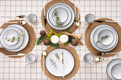 Serviciu de masa, Rekitchen, 513RKT1114, Portelan , Placă de serviciu: 25 x 25 x 2,5 cm (4 bucăți), Alb/Negru