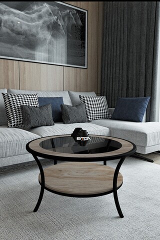 Masuta de cafea, Mirosa, Lotus, 75x45x75 cm, Blat: 100% STICLA CALITA, Pin antic / Fum