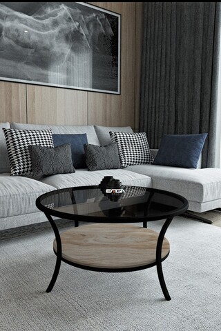 Masuta de cafea, Mirosa, Lotus, 75x45x75 cm, Blat: 100% STICLA CALITA, Fum / Pin antic