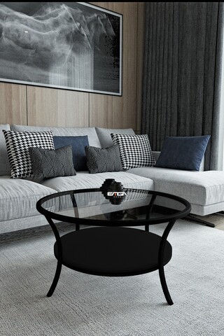 Masuta de cafea, Mirosa, Lotus, 75x45x75 cm, Blat: 100% STICLA CALITA, Transparent/Negru