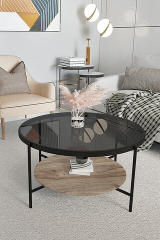 Masuta de cafea, Mirosa, Oslo, 75x45x75 cm, Blat: 100% STICLA CALITA, Fum / Pin antic