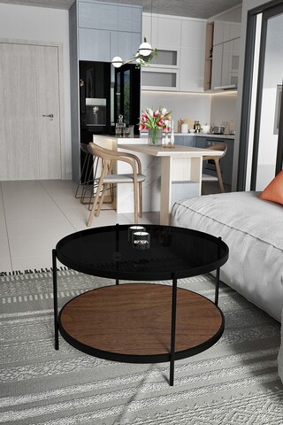 Masuta de cafea, Mirosa, Bella, 73x45x73 cm, Blat: 100% STICLA CALITA, Fume / Nuc
