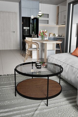 Masuta de cafea, Mirosa, Bella, 73x45x73 cm, Blat: 100% STICLA CALITA, Transparent/Nuc