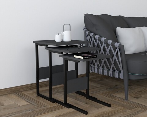Set masute 3 piese, Puqa Design, Sali, PAL, Negru / Antracit