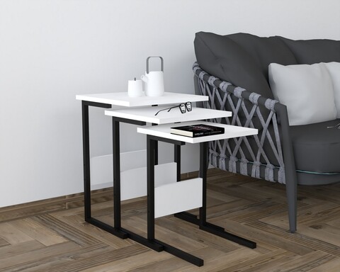 Set masute 3 piese, Puqa Design, Sali, PAL, Alb/Negru