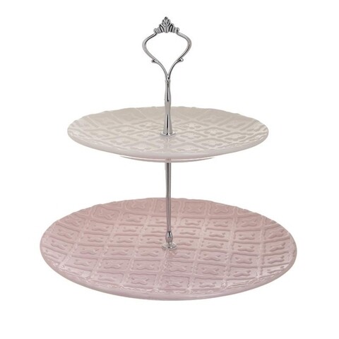 Suport decorativ pentru prajituri, InArt, ceramica, 27x26 cm, alb/roz