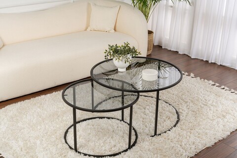 Set masute de cafea, Cerritos, Black-Grey-80-60, Sticla temperata, Negru