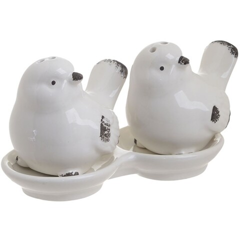 Set 2 solnite sare/piper Birds, InArt, ceramica, alb/negru