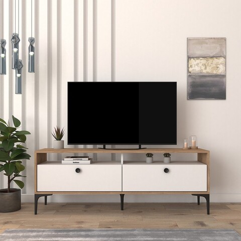 Comoda TV, Cugino, Eylul, 138x55x33.9 cm, PAL, Stejar / Alb