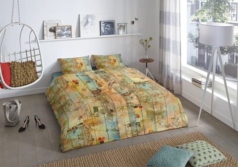 Lenjerie de pat pentru doua persoane, Good Morning, Postcard, 100% bumbac, 3 piese, multicolor